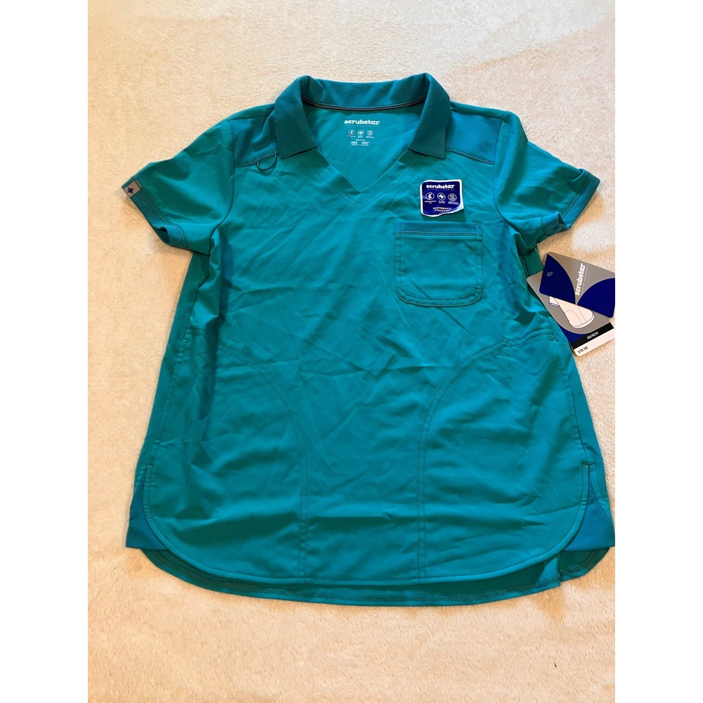 Scrubstar Women's Scrub Top Shirt Teal Blue XS V-Neck Polo Collar NWT Nurse CNA